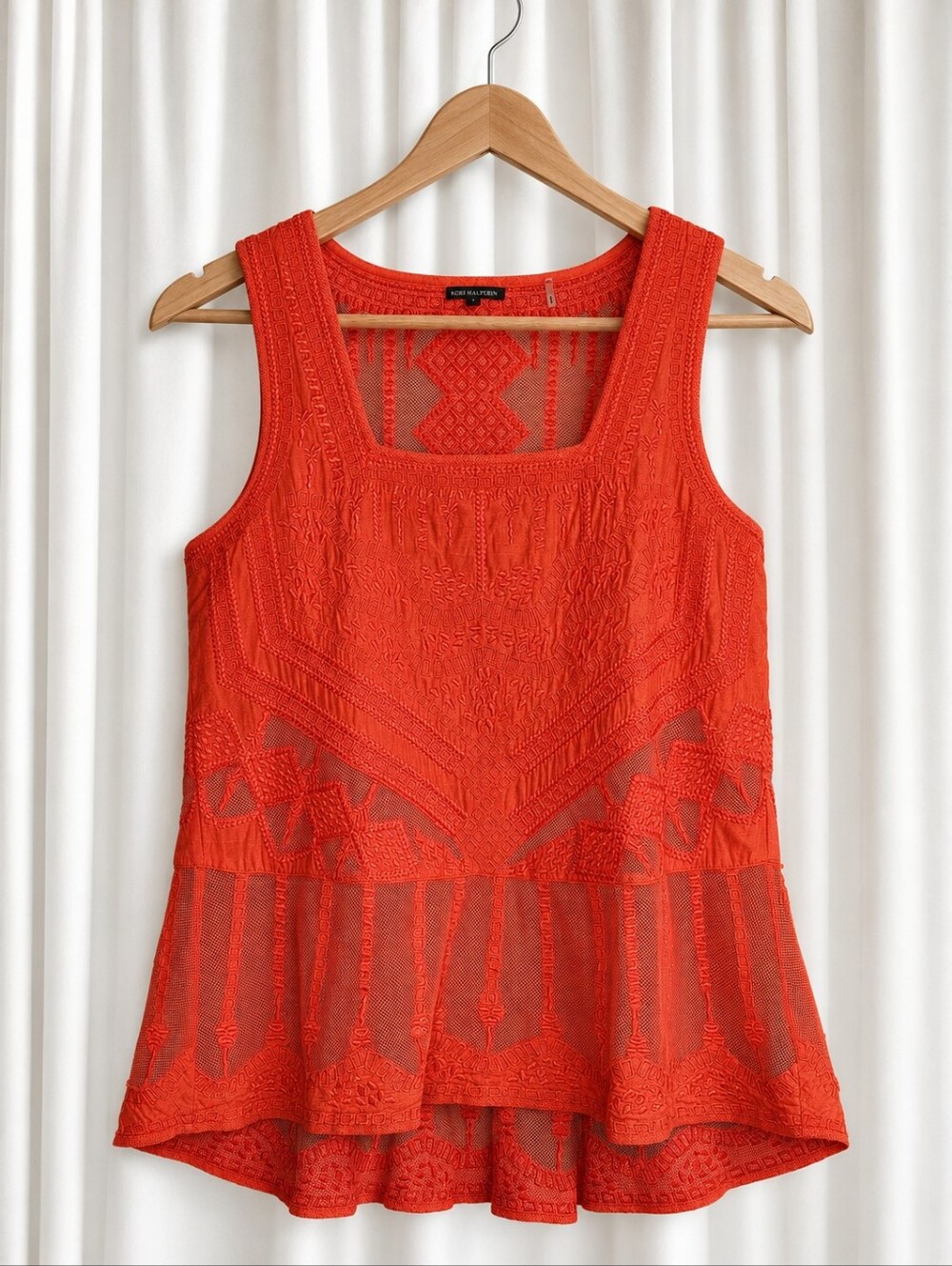 Kobi Halperin Orange Tonal Embroidered Mesh Sleeveless Boho Chic Peplum Blouse